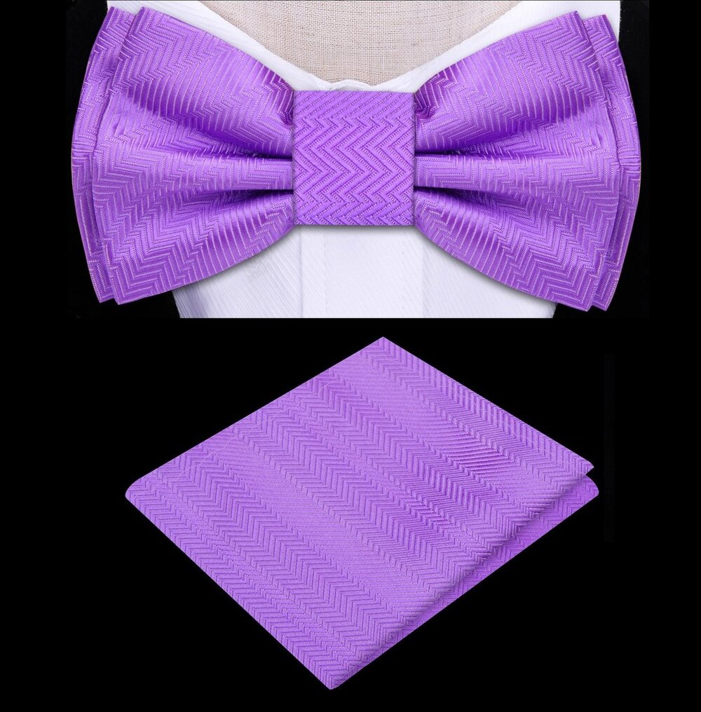 A Solid Amethyst Purple Color with Lined Texture Pattern Silk Kids Pre-Tied Bow Tie, Matching Pocket Square
