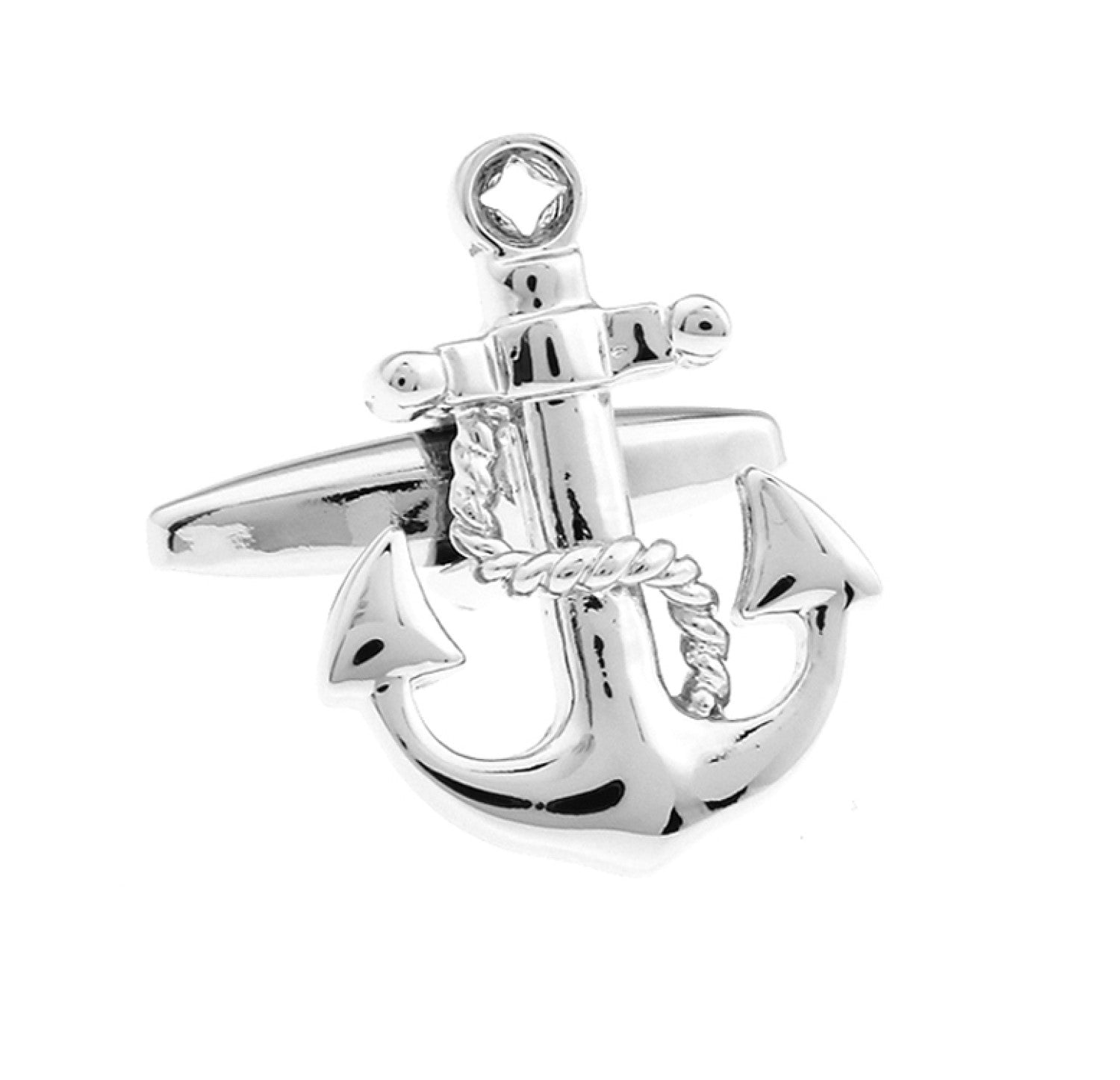 Alt view A chrome colored boat anchor shaped cuff-link 