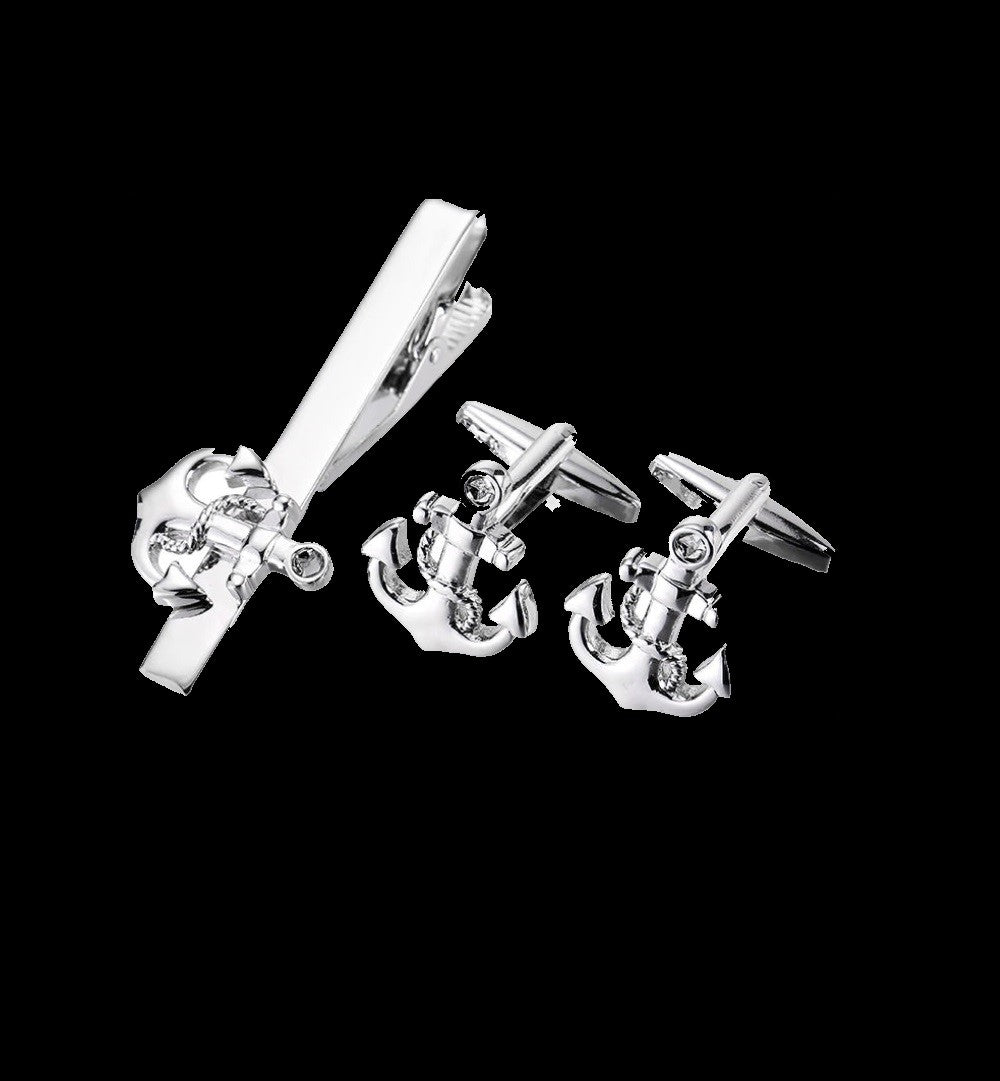 A Silver Colored Boat Anchor Shape Tie Bar and Cuff-links Set.