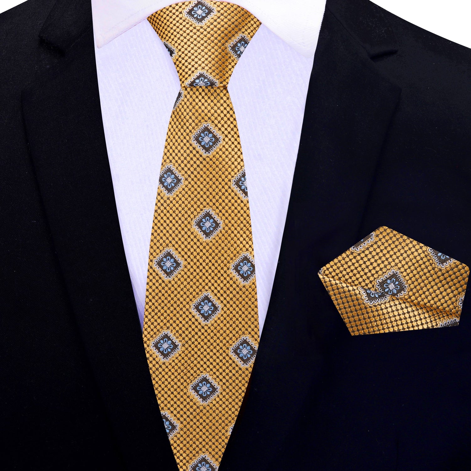 Gold Geometric Medallion Thin Tie and Pocket Square