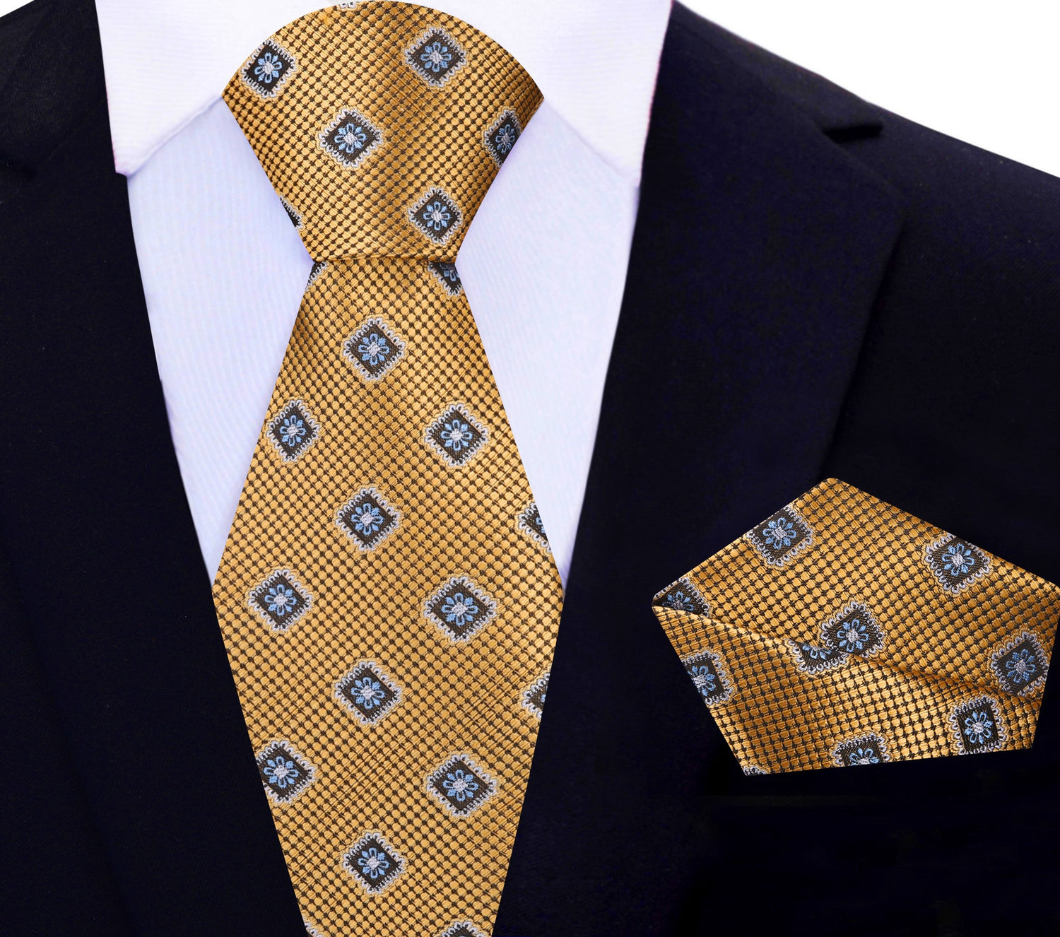 Gold Geometric Medallion Tie and Pocket Square