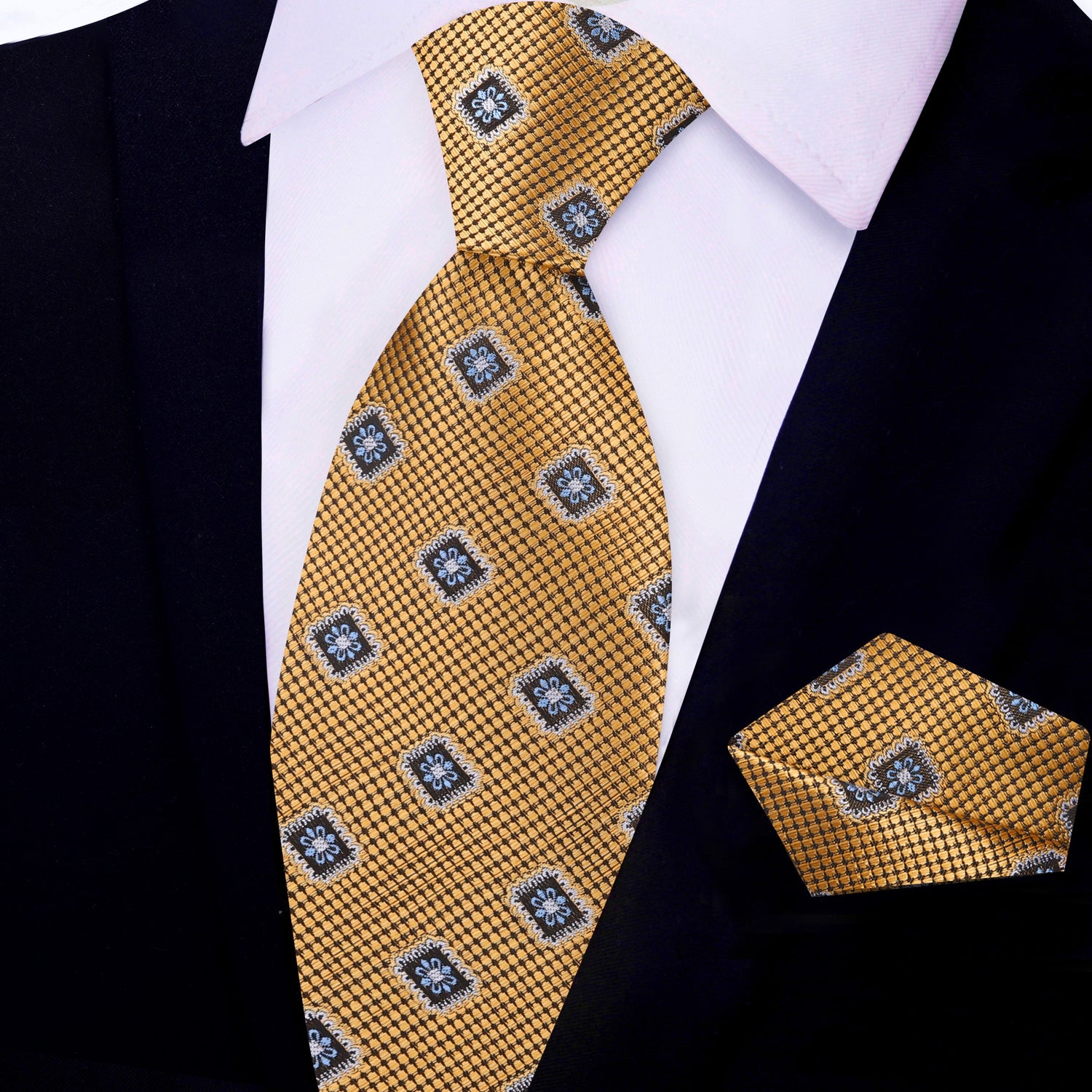 View 2: Gold Geometric Medallion Tie and Pocket Square