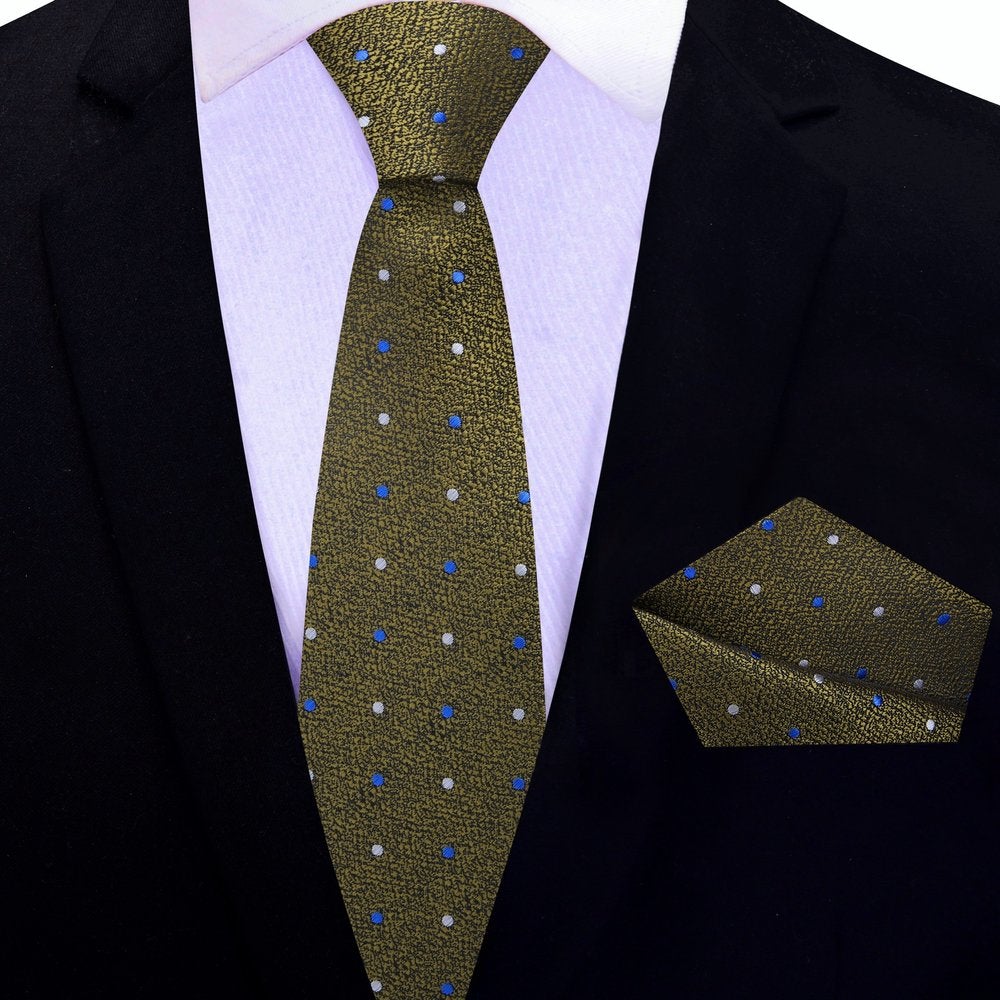 Thin Tie:  Antique Gold, Blue, Grey Polka Tie and Pocket Square
