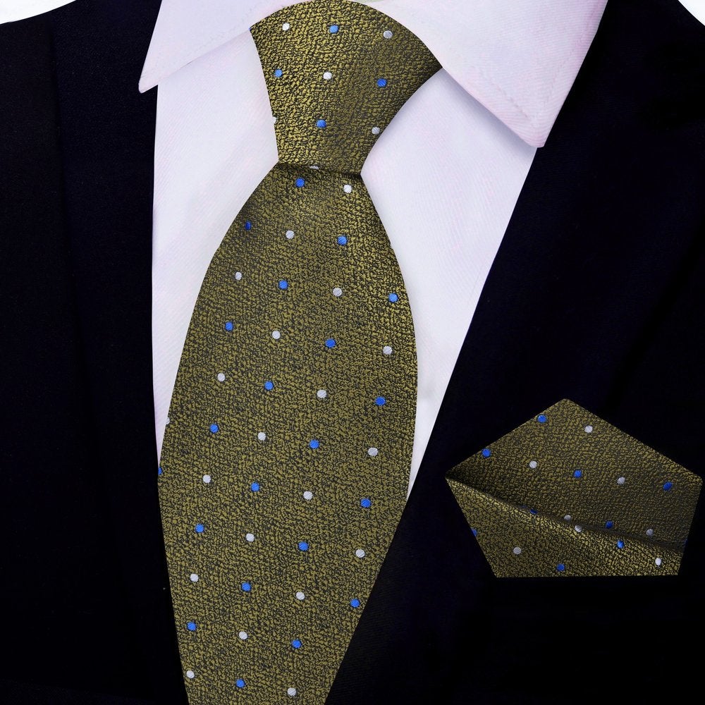 Main View: Antique Gold, Blue, Grey Polka Tie and Pocket Square