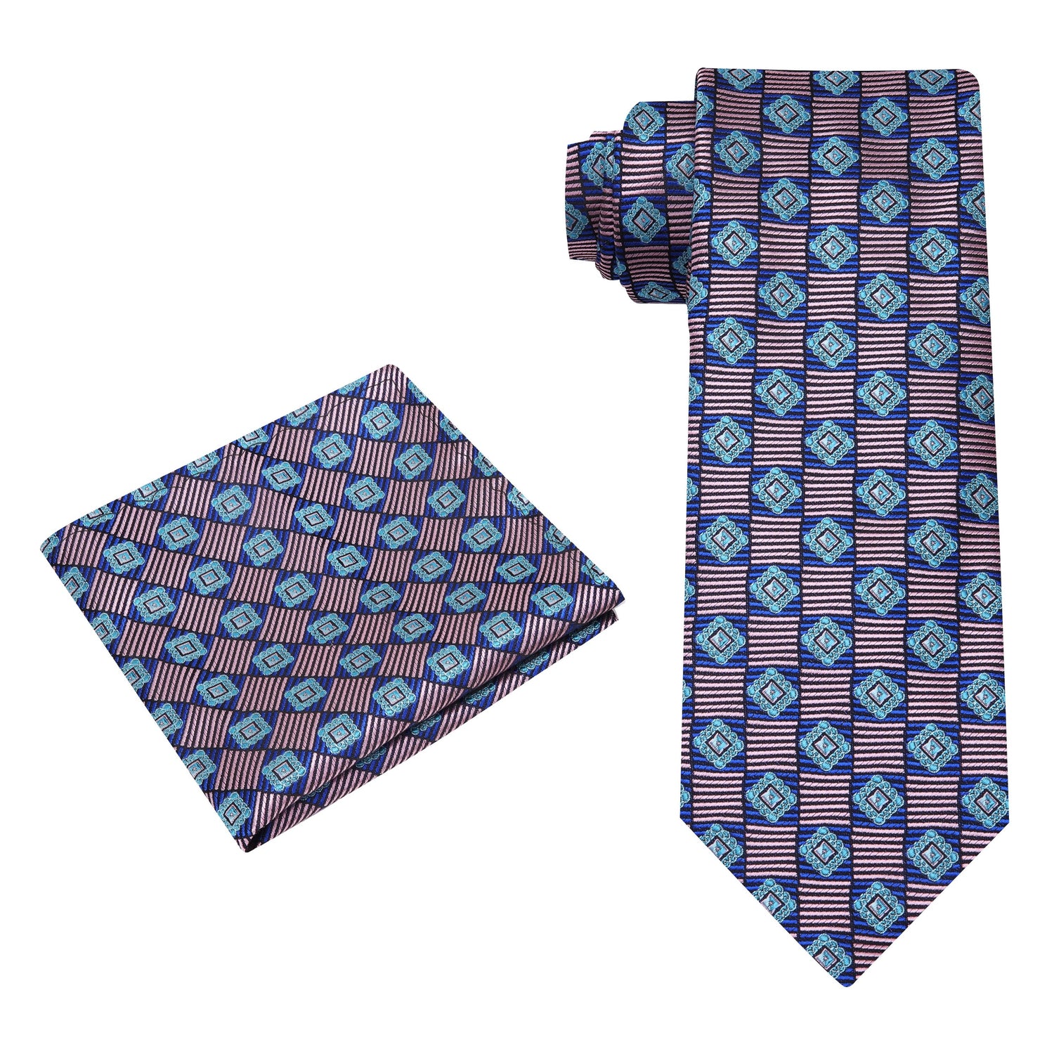 Alternate View:A Blue, Turquoise Geometric Pattern Silk Necktie, Matching Pocket Square