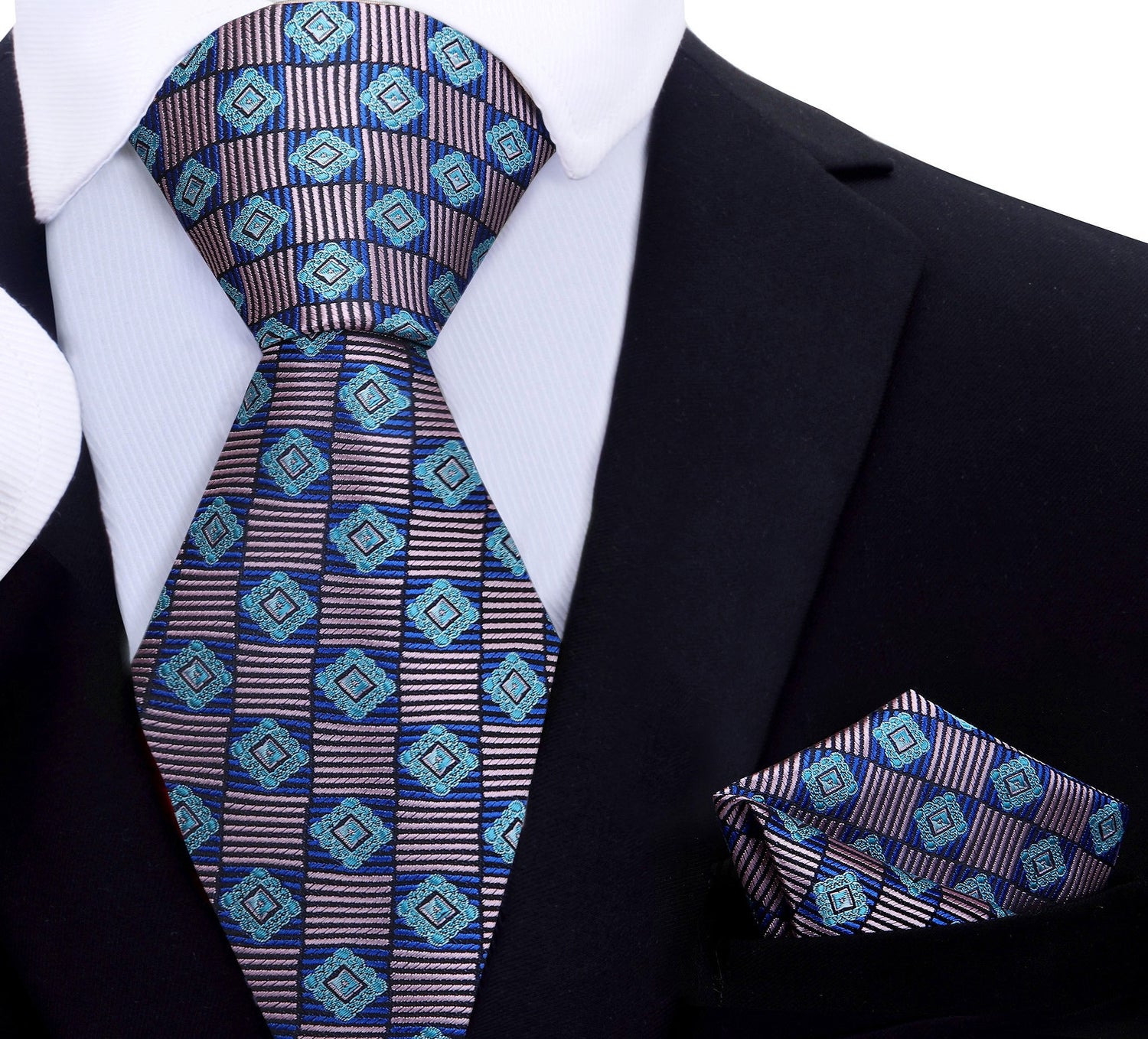 A Blue, Turquoise Geometric Pattern Silk Necktie, Matching Pocket Square