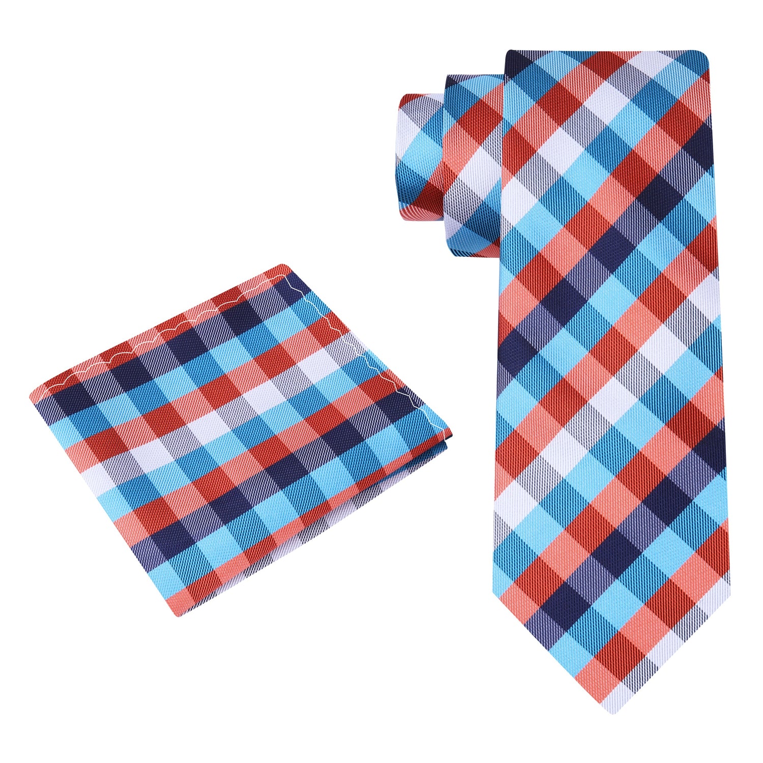 Alt View: Light Blue, Orange Check Tie and Pocket Square