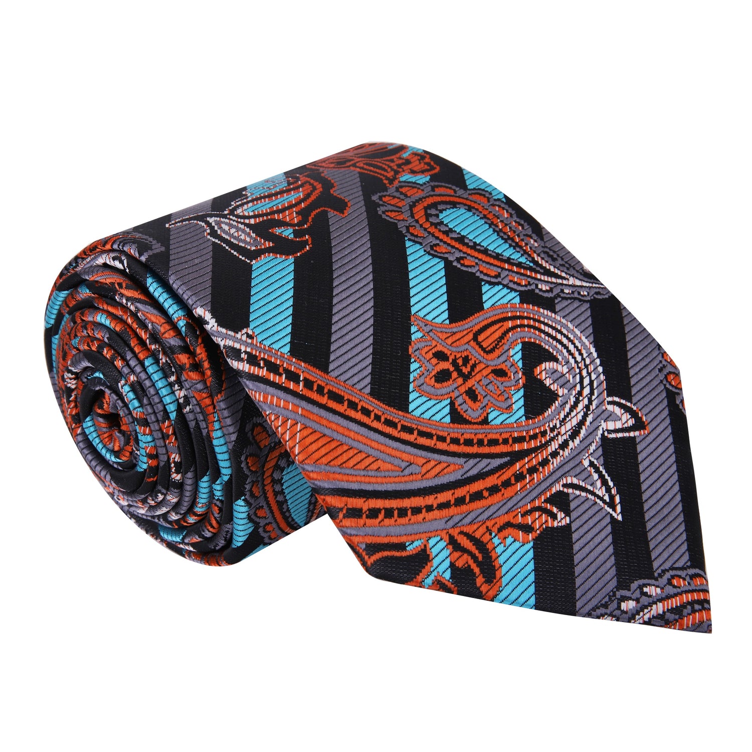 Aqua, Orange, Black Stripe with Paisley Pattern Silk Necktie