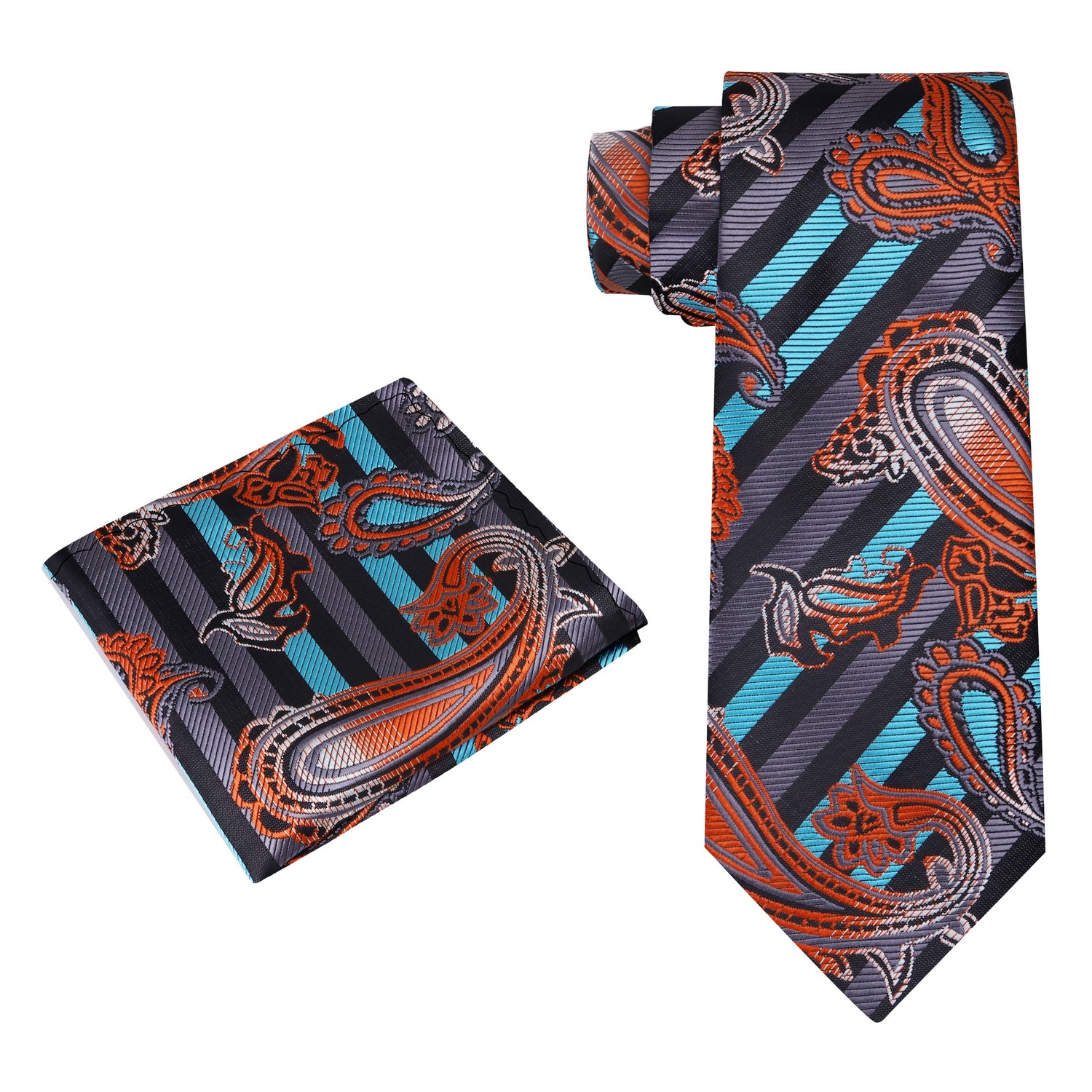Alt View: An Aqua, Orange, Black Stripe with Paisley Pattern Silk Necktie, Matching Pocket Square