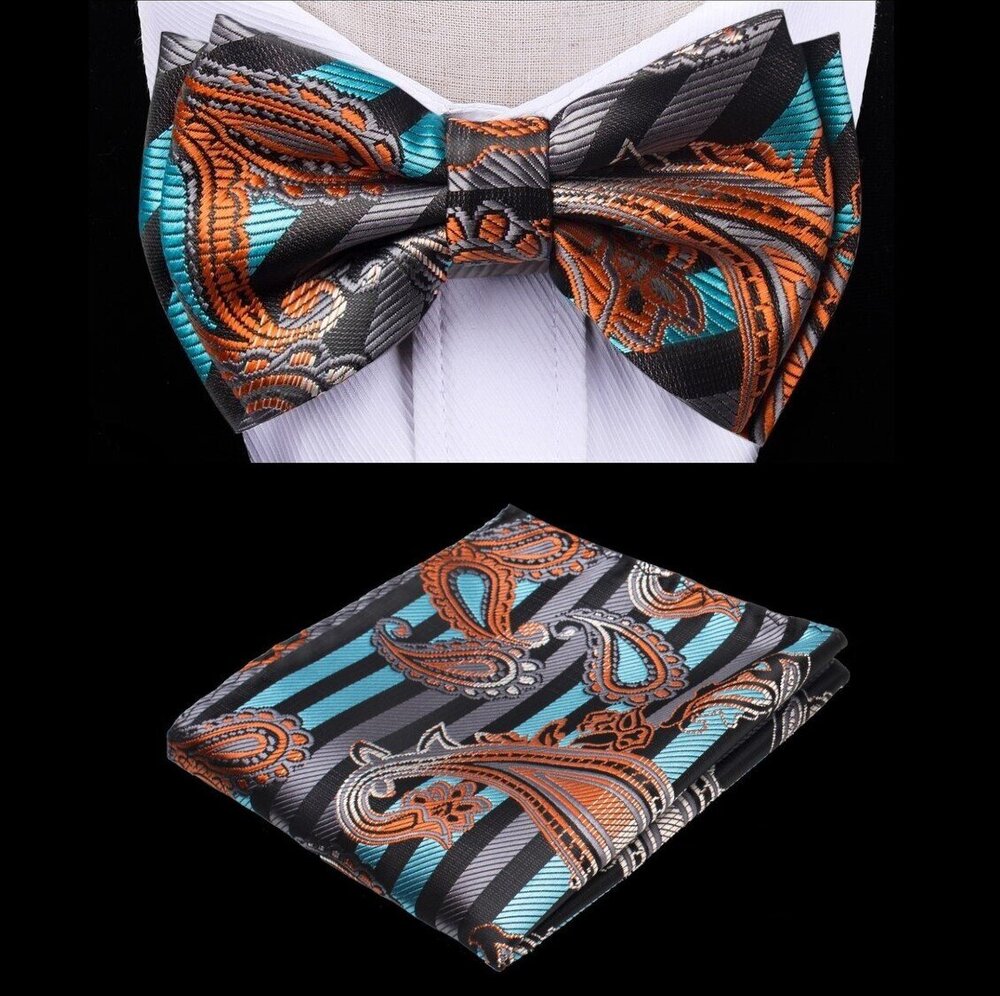 A Teal, Black, Copper Color Stripe with Paisley Pattern Silk Kids Pre-Tied Bow Tie, Matching Pocket Square
