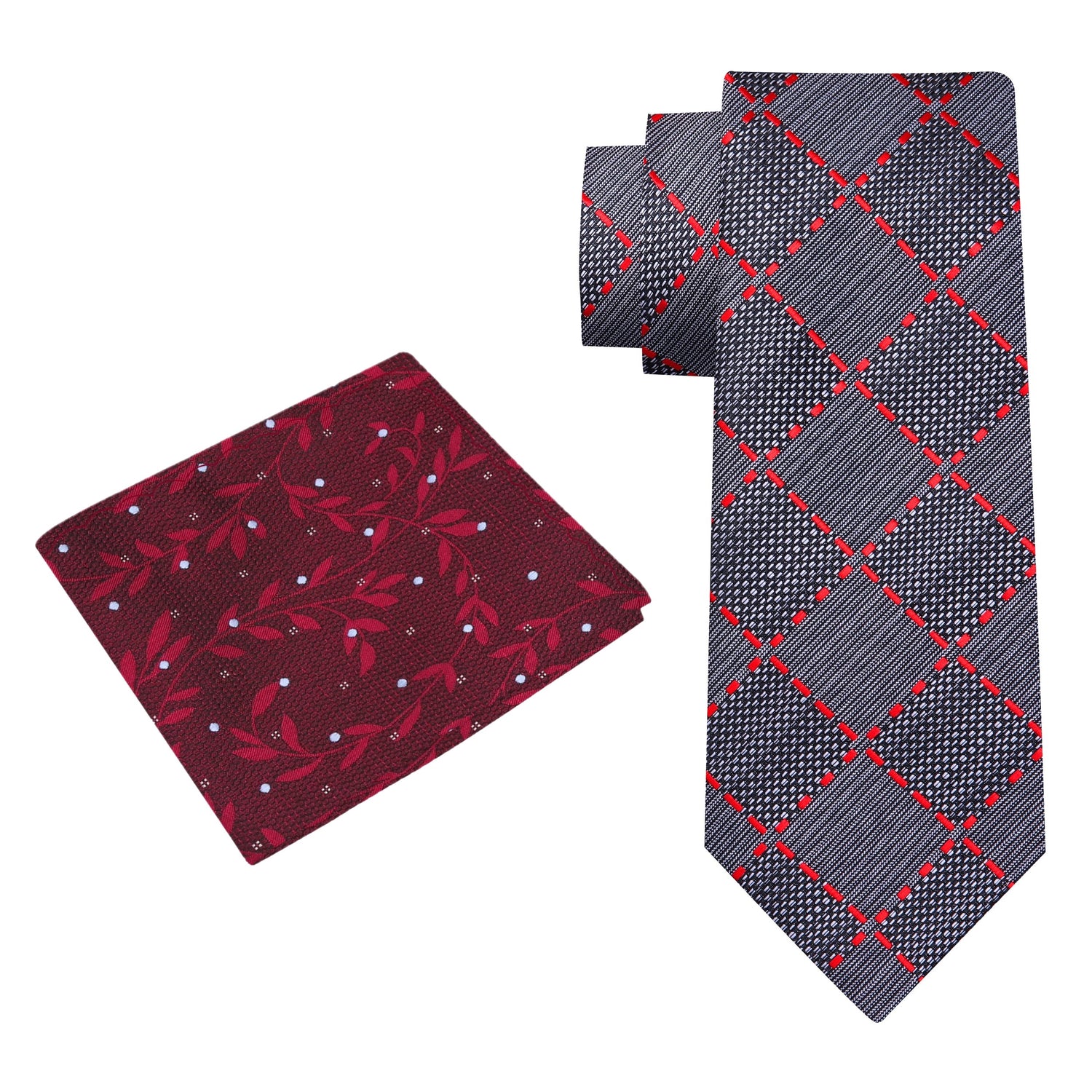 Alt View: Grey, Red and Black Plaid/Abstract Tie and Accenting Red Floral Pocket Square