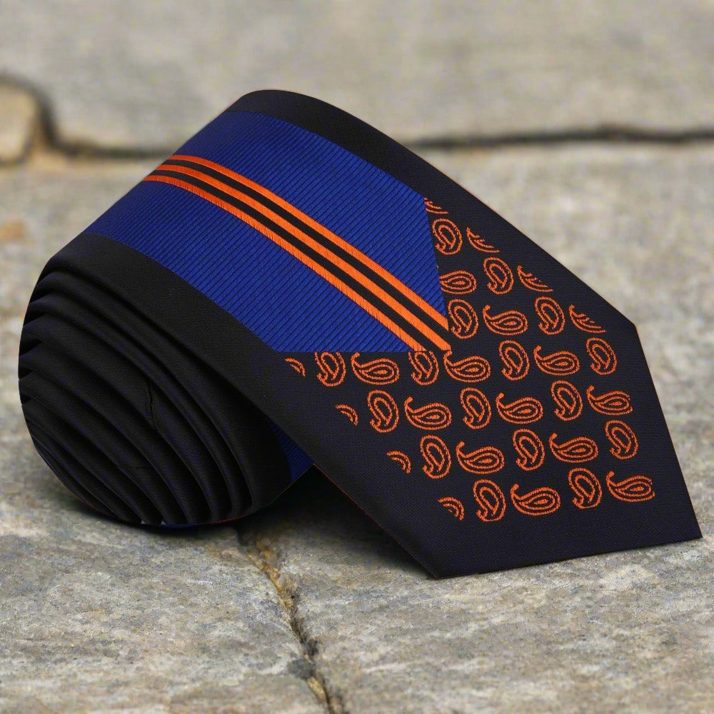 ||Blue, Orange Tie Lined Paisley Tie