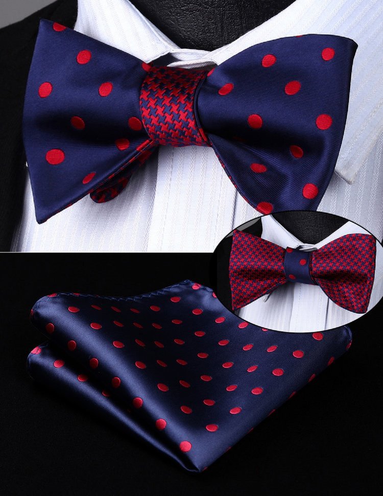 A Blue, Red Hounds tooth and Polka Pattern Silk Self Tie Bow Tie, Matching Pocket Square and Cuff-links.||Blue With Red Dots