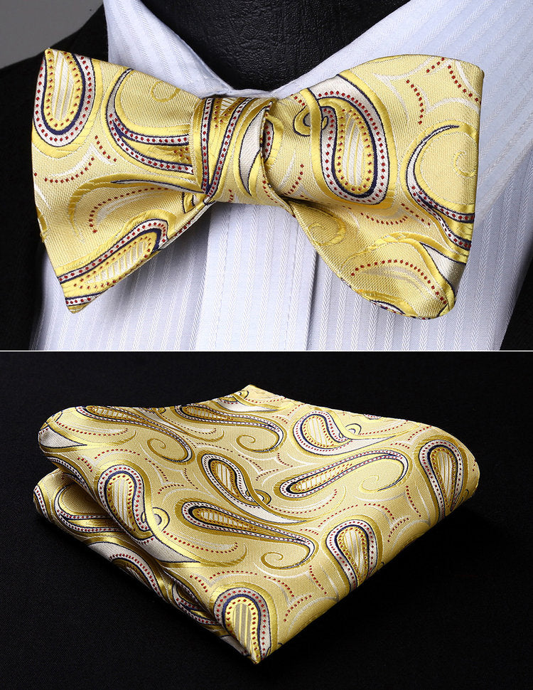 A Light Gold, Burgundy Paisley Pattern Silk Self Tie Bow Tie, Matching Pocket Square ||Yellow