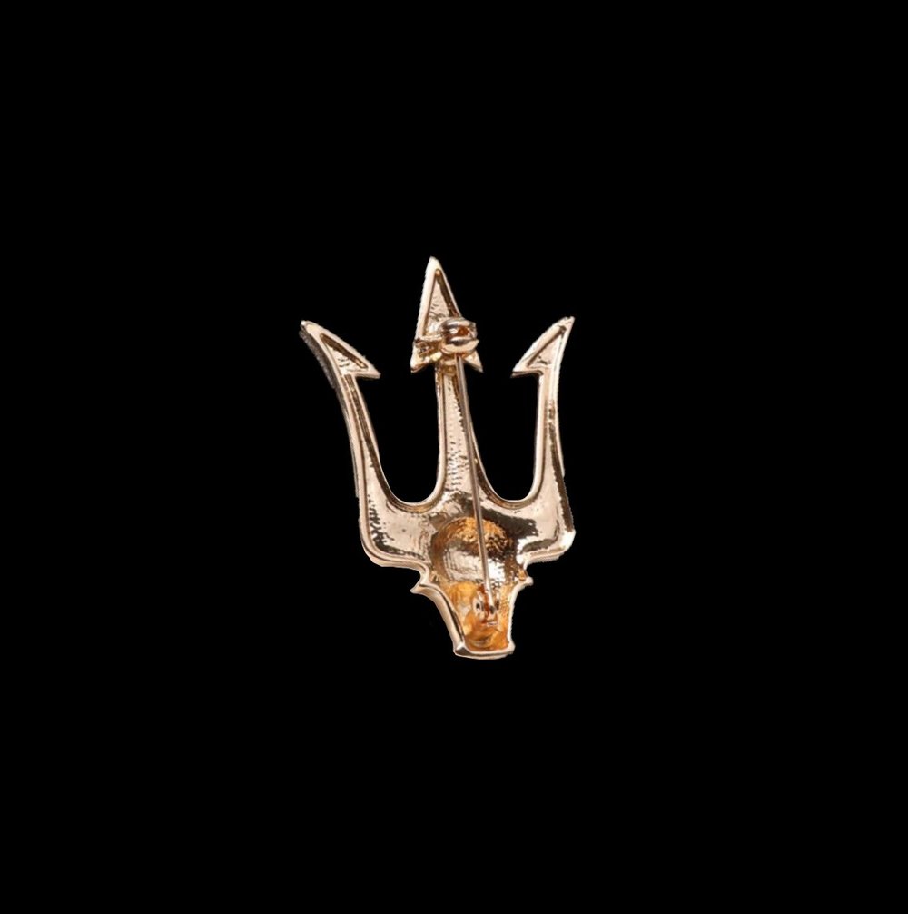 Back View: A Small Gold Colored Trident Shaped Lapel Pin