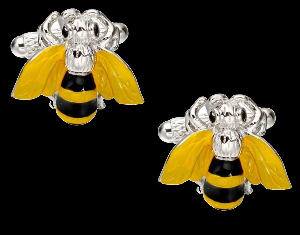 A yellow, black chrome color bee design pair of cuff-links