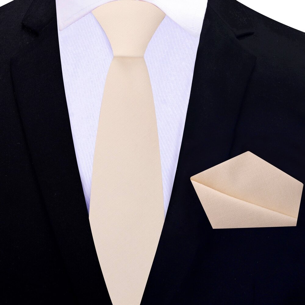Beige Fresh Linen Thin Tie and Square||Beige