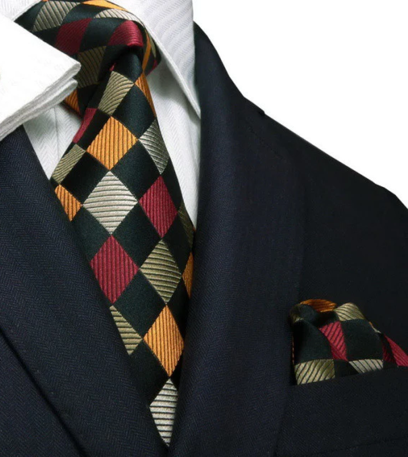 A Red, Gold, Cream Geometric Diamond Pattern Silk Necktie, Matching Pocket Square