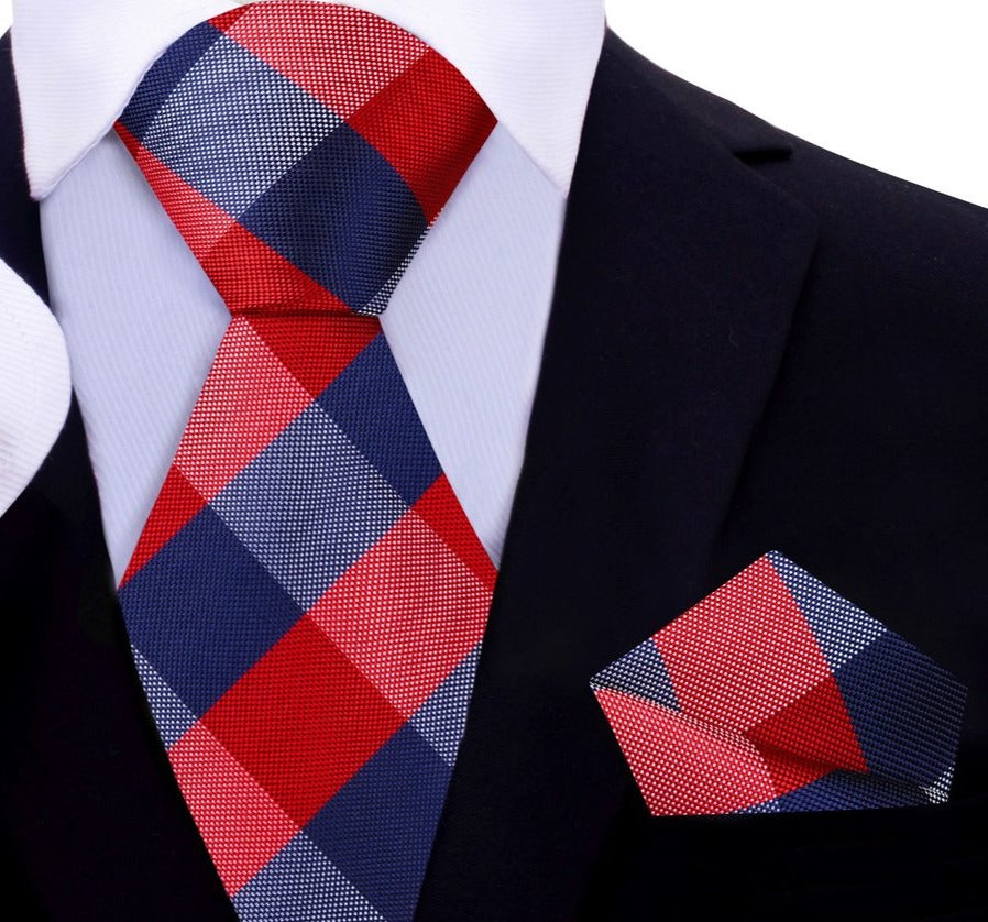 A Red, Blue Plaid Pattern Silk Necktie, Matching Pocket Square  
