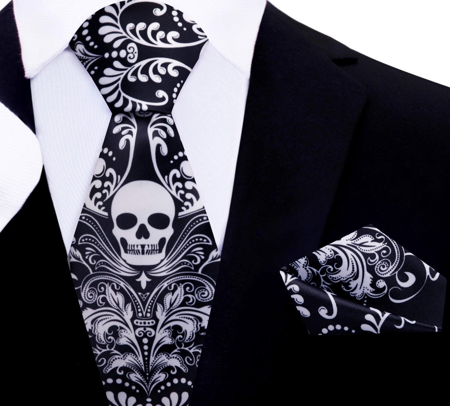 Main View: Black Light Grey Skull Tie and Pocket Square