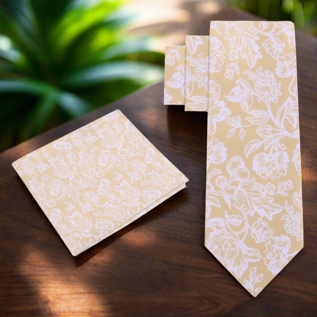 Light Brown, White Filigree Floral Tie and Square 2