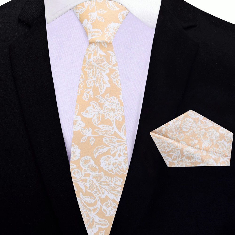 Thin Tie: Light Brown Filigree Tie and Pocket Square||Light Brown