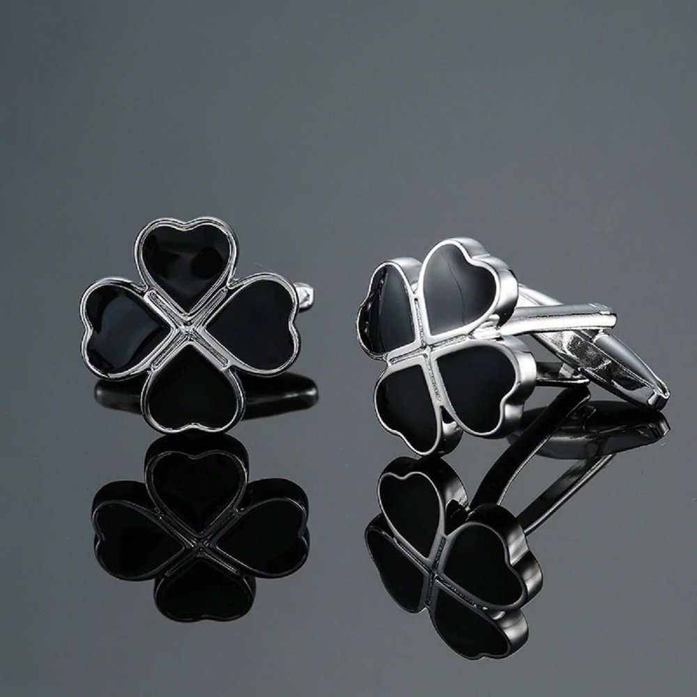 A Chrome and Black Clover Shaped Cuff-links