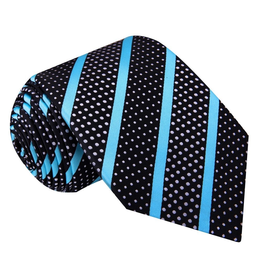 A Black Silk Background With Light Blue Stripes And White Dots Necktie  