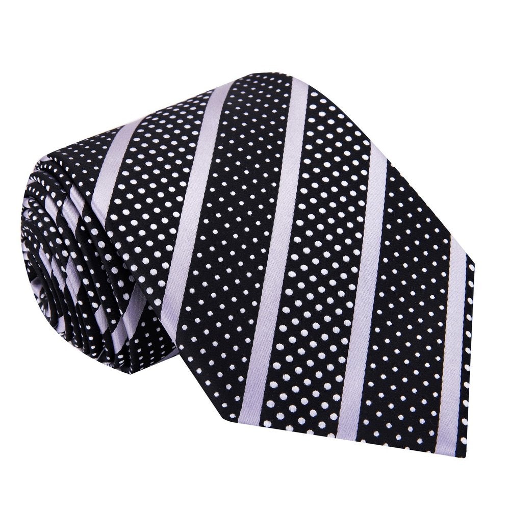 A Black Silk Background With Silver Stripes And White Dots Necktie 
