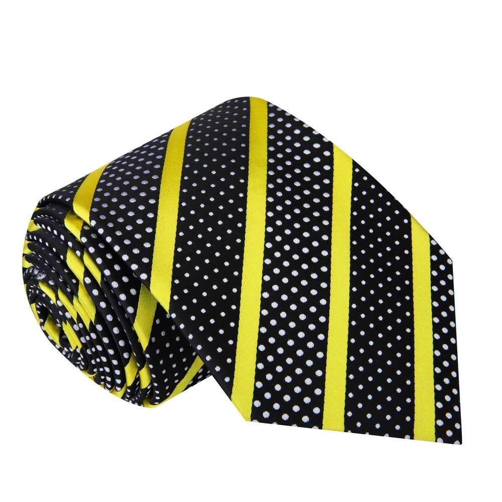 A Black Silk Background With Yellow Stripes And White Dots Necktie 