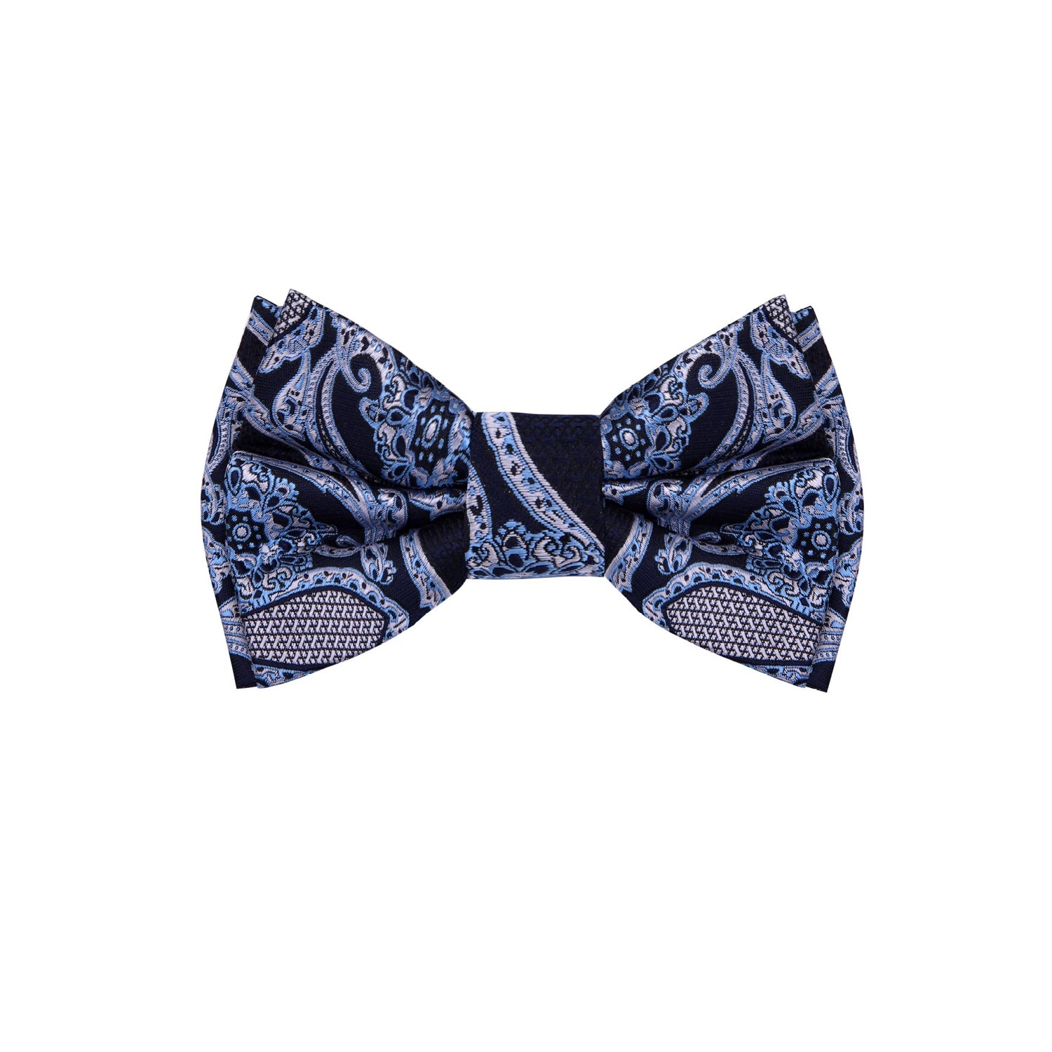 A Dark Blue, Ice Blue Detailed Paisley Pattern Silk Pre Tied Bow Tie 