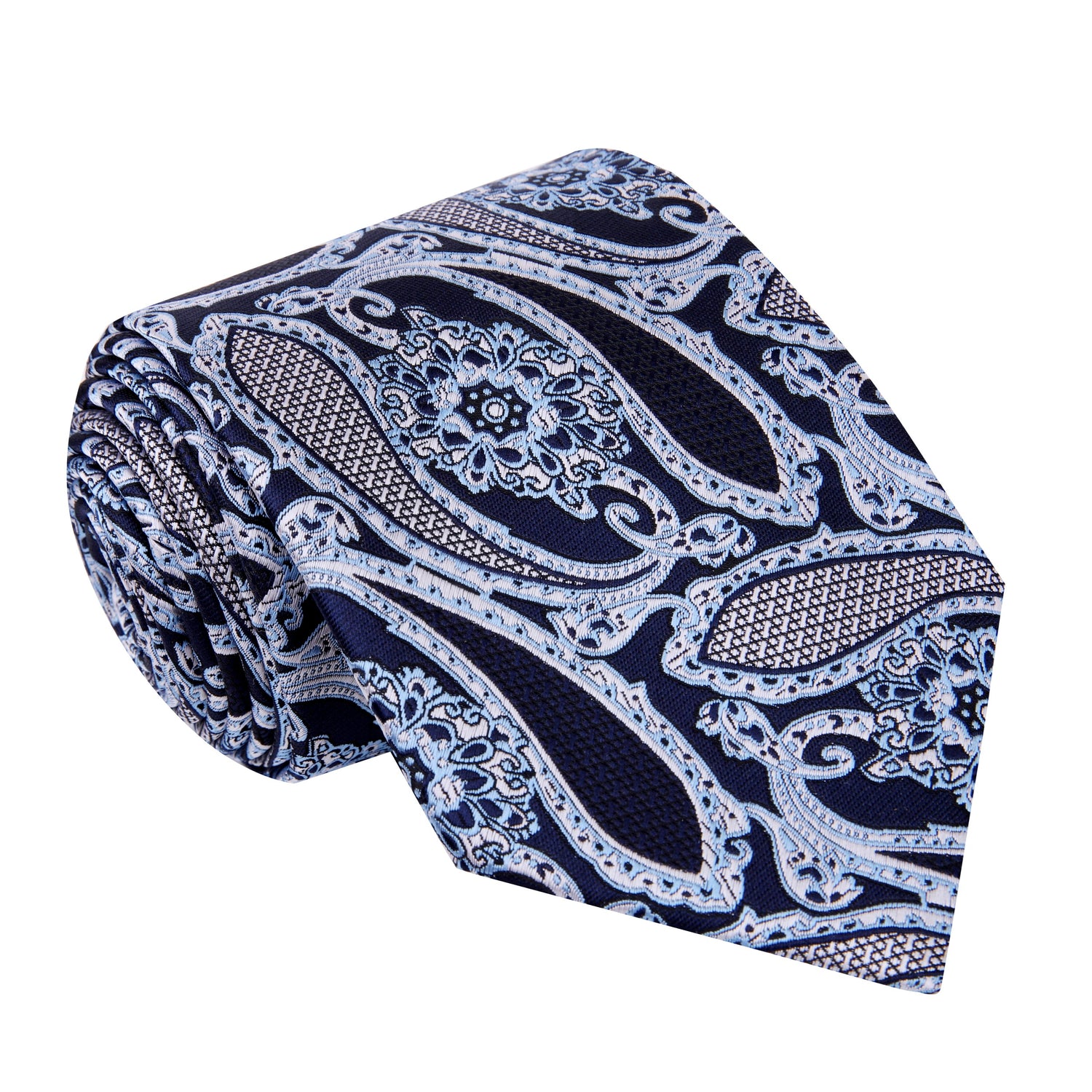 A Black, Ice Blue, White Paisley Pattern Silk Necktie, 