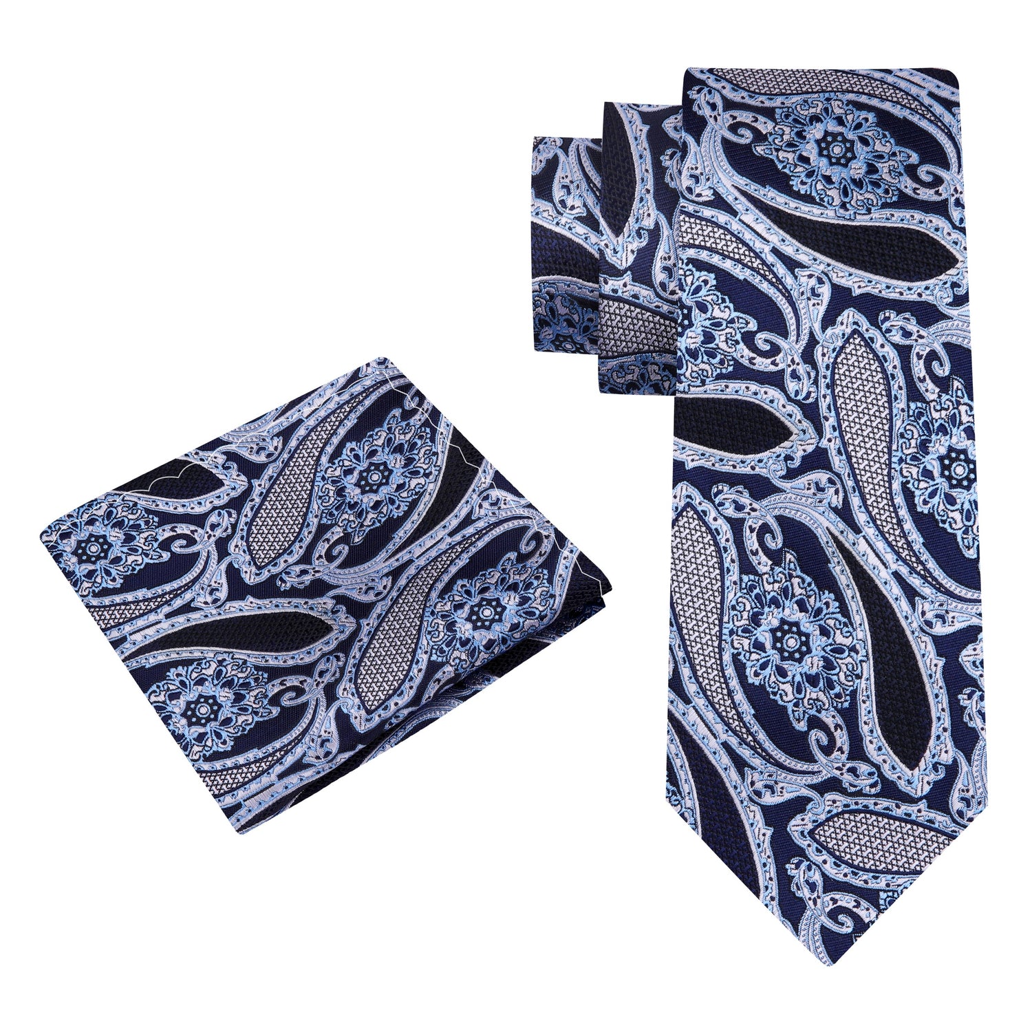 Alt View: A Black, Ice Blue, White Paisley Pattern Silk Necktie, With Matching Pocket Square 