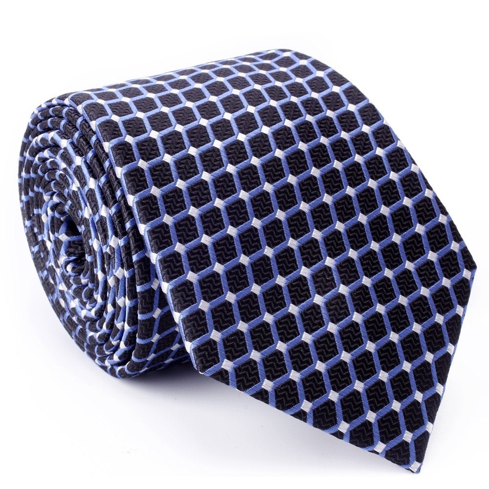 A Black, Light Blue Geometric Pattern Pattern Silk Necktie