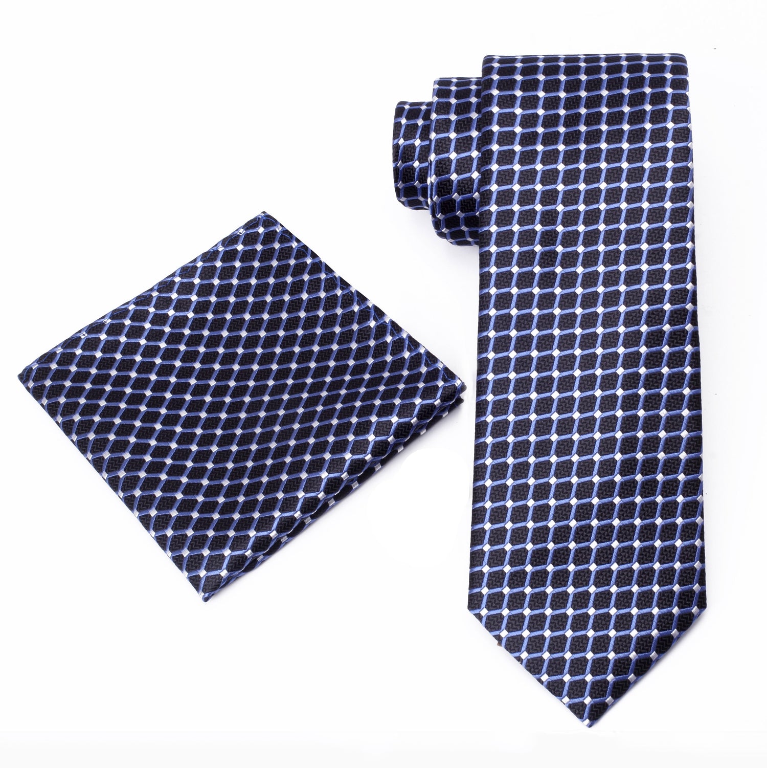 Alt View: A Black, Light Blue Geometric Pattern Pattern Silk Necktie, Matching Pocket Square