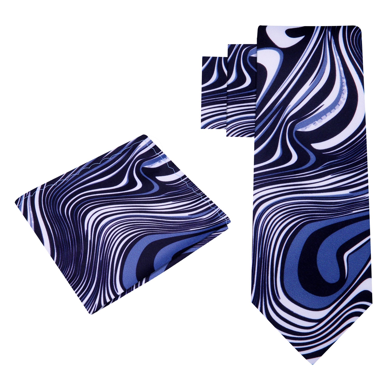 Alt View A Black, Grey, White Color Abstract Swirl Pattern Silk Necktie, Matching Pocket Square