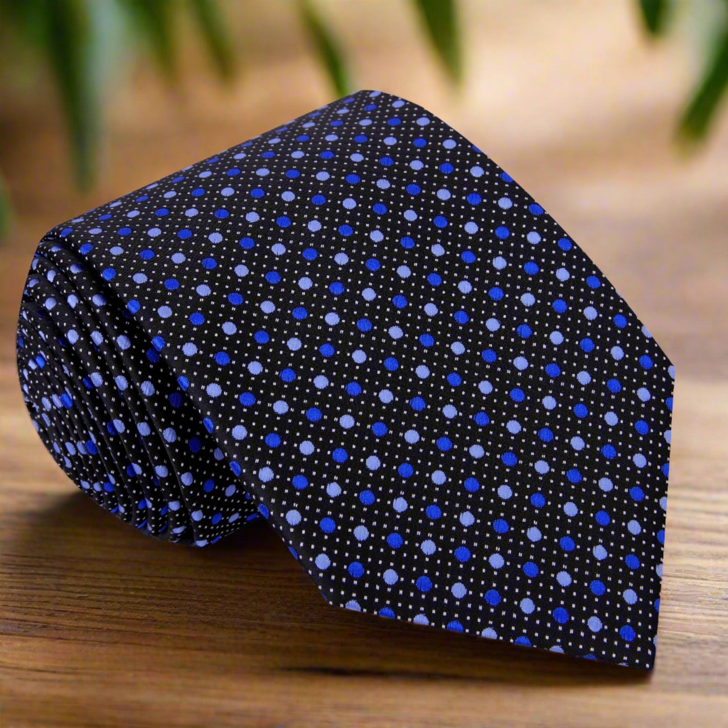 A Black, Blue, Light Grey Dots Pattern Silk Necktie 