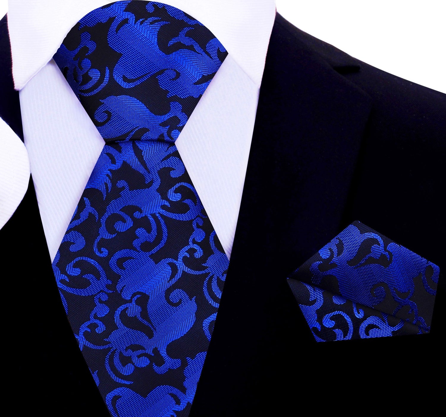 A Black, Blue Vine Floral Pattern Silk Necktie, Matching Pocket Square