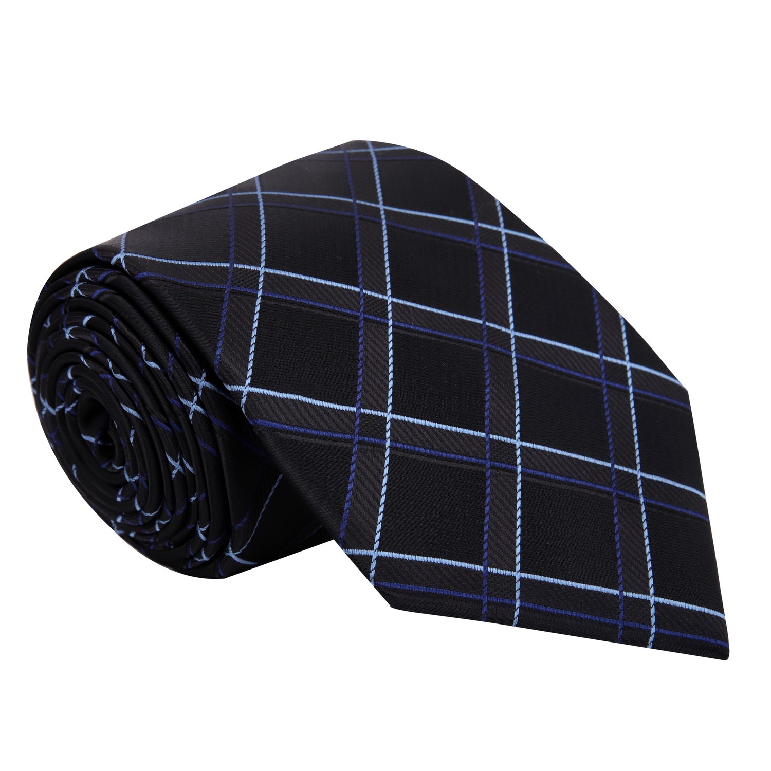 A Black, Blue, White Plaid Pattern Silk Necktie 