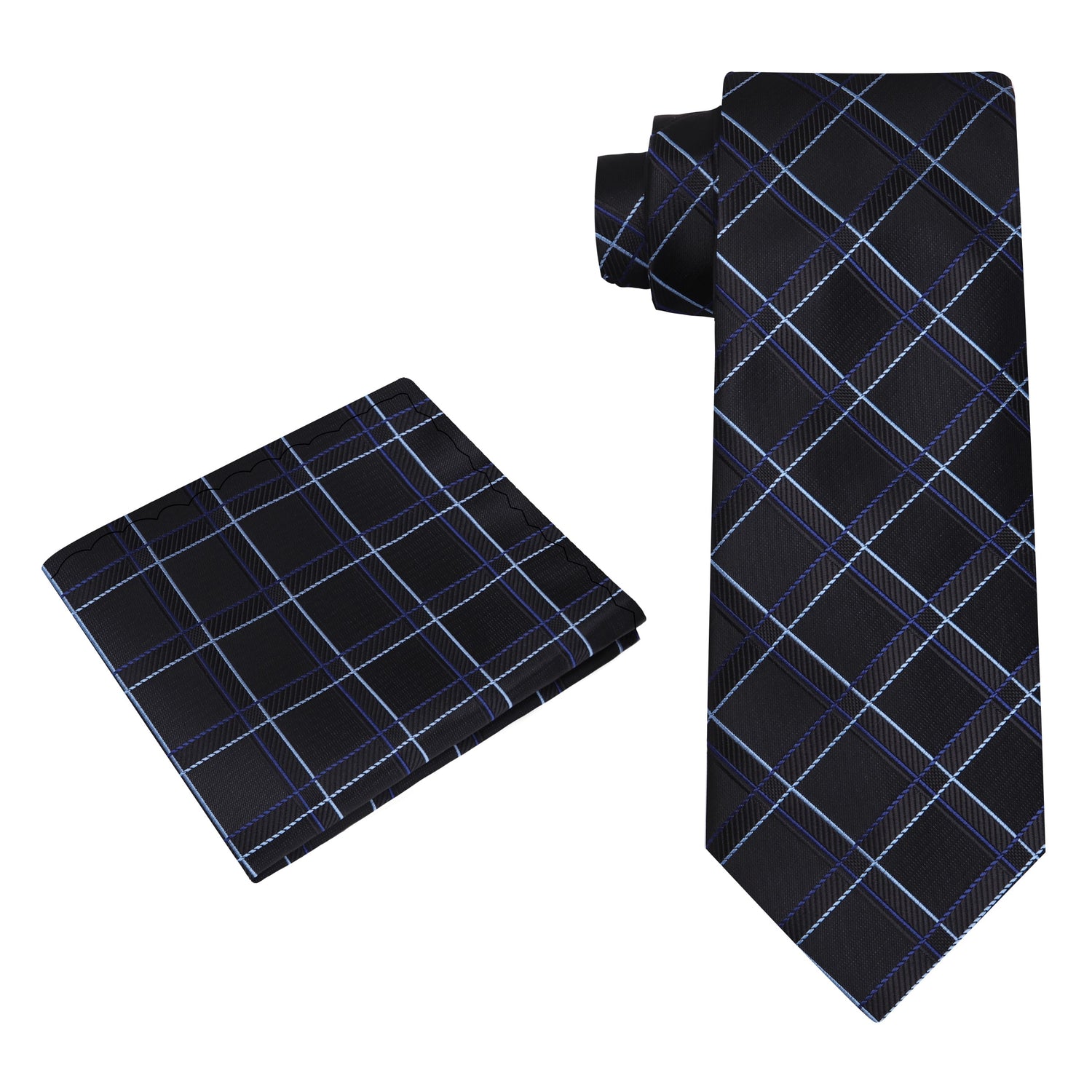 Alt View: A Black, Blue, White Plaid Pattern Silk Necktie, Matching Pocket Square