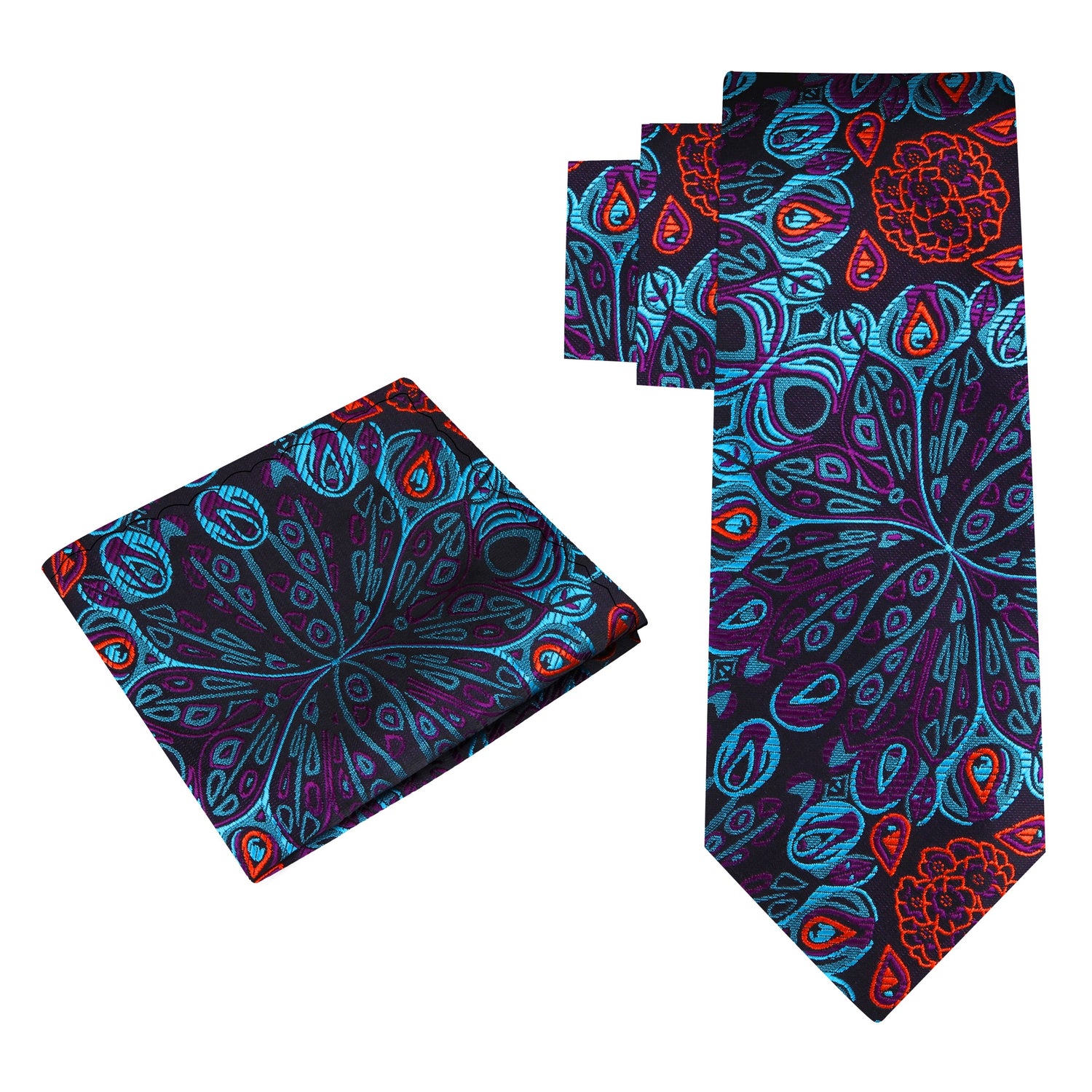 Alt View: A Teal, Orange, Purple Abstract Peacock Feather Pattern Silk Necktie, Matching Pocket Square