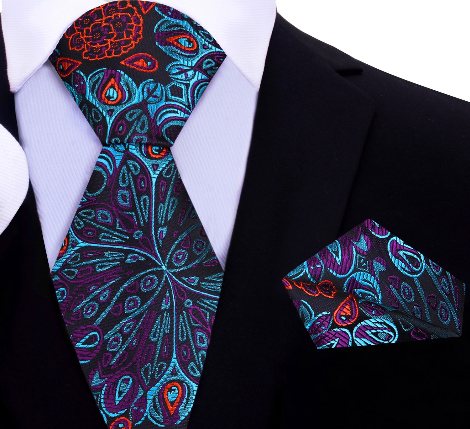A Teal, Orange, Purple Abstract Peacock Feather Pattern Silk Necktie, Matching Pocket Square
