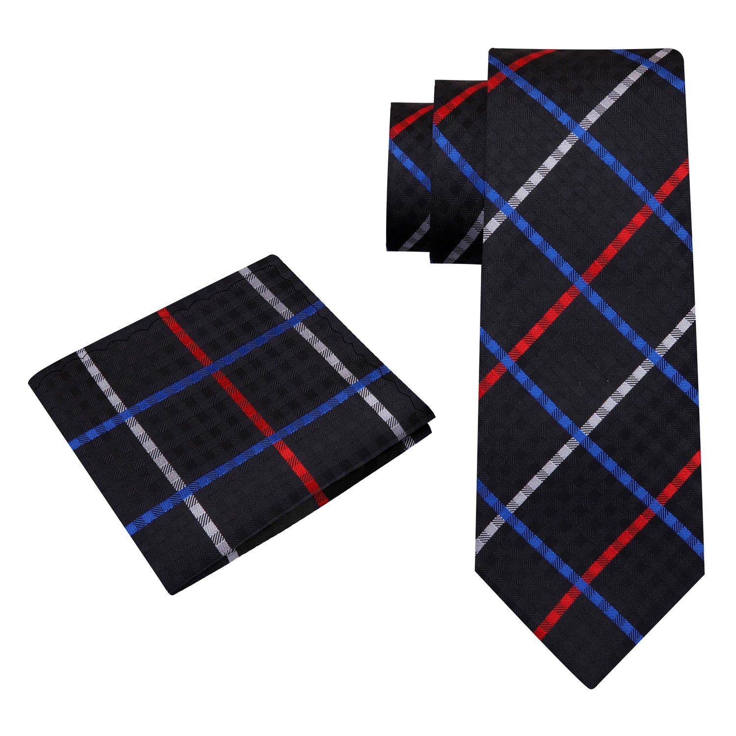 Alt view: A Black, White, Blue, Red With Geometric Diamond Pattern And Small Checks Pattern Silk Necktie With Matching Pocket Square
