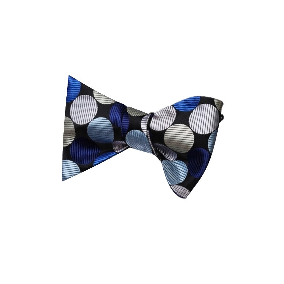 A Black, Blue, Silver Large Polka Pattern Silk Self Tie Bow Tie 