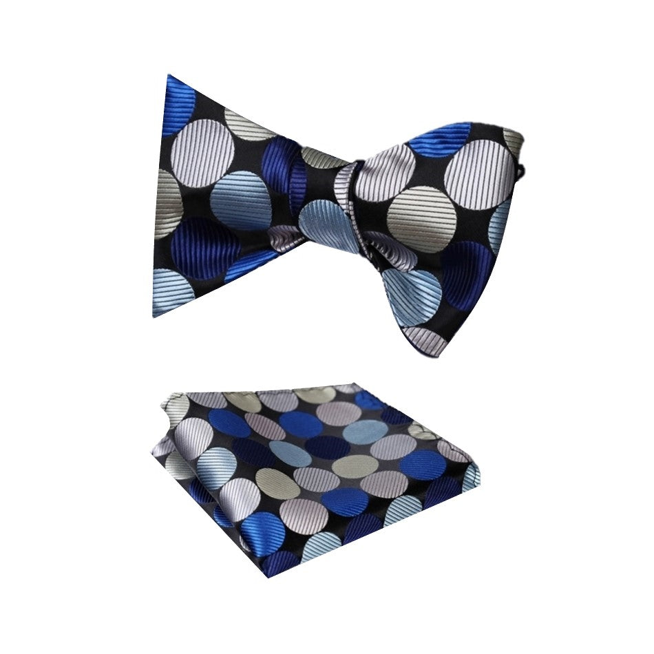 A Black, Blue, Silver Large Polka Pattern Silk Self Tie Bow Tie, Matching Pocket Square