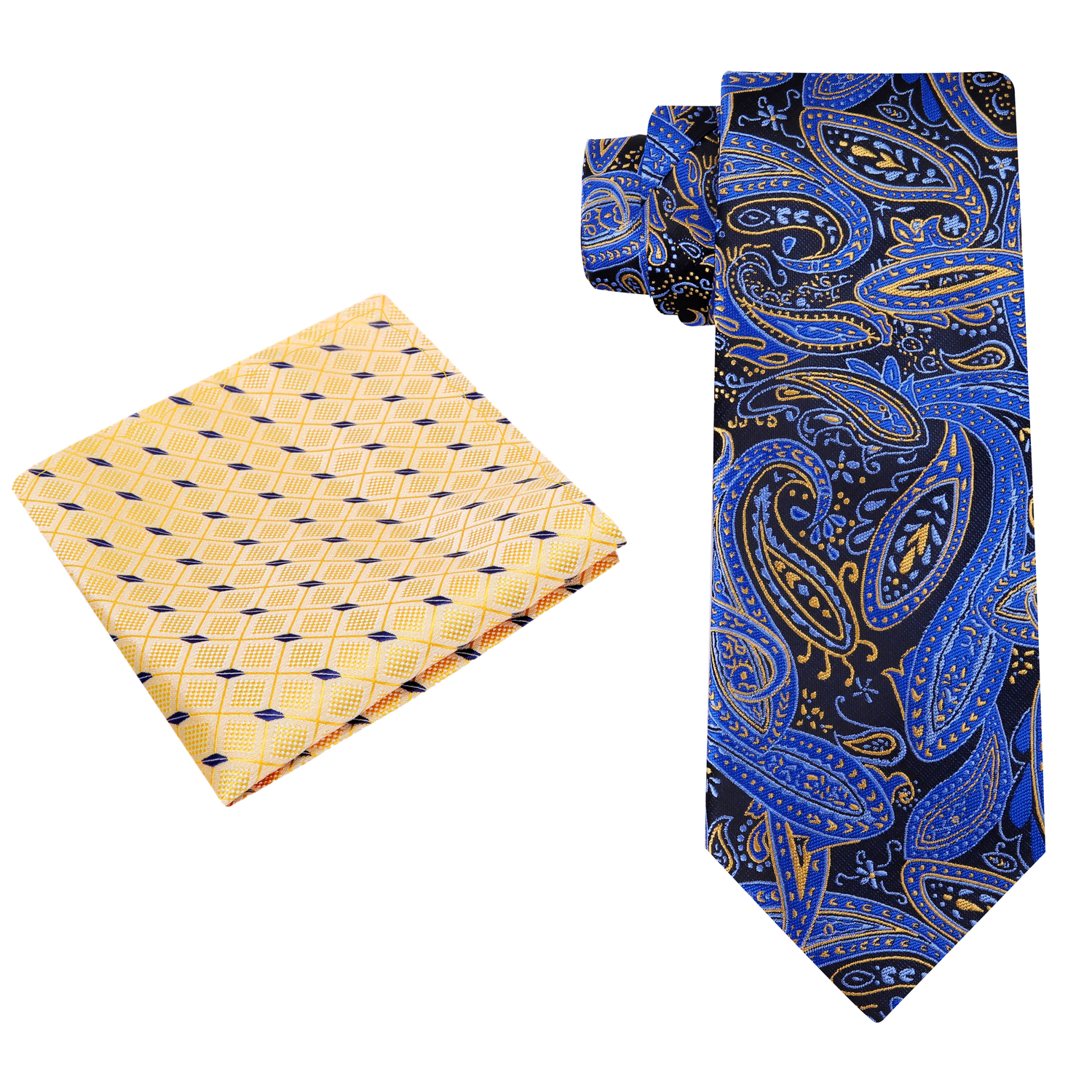 Alt View Black, Blue, Yellow Paisley Tie and Accenting Yellow Pocket Square