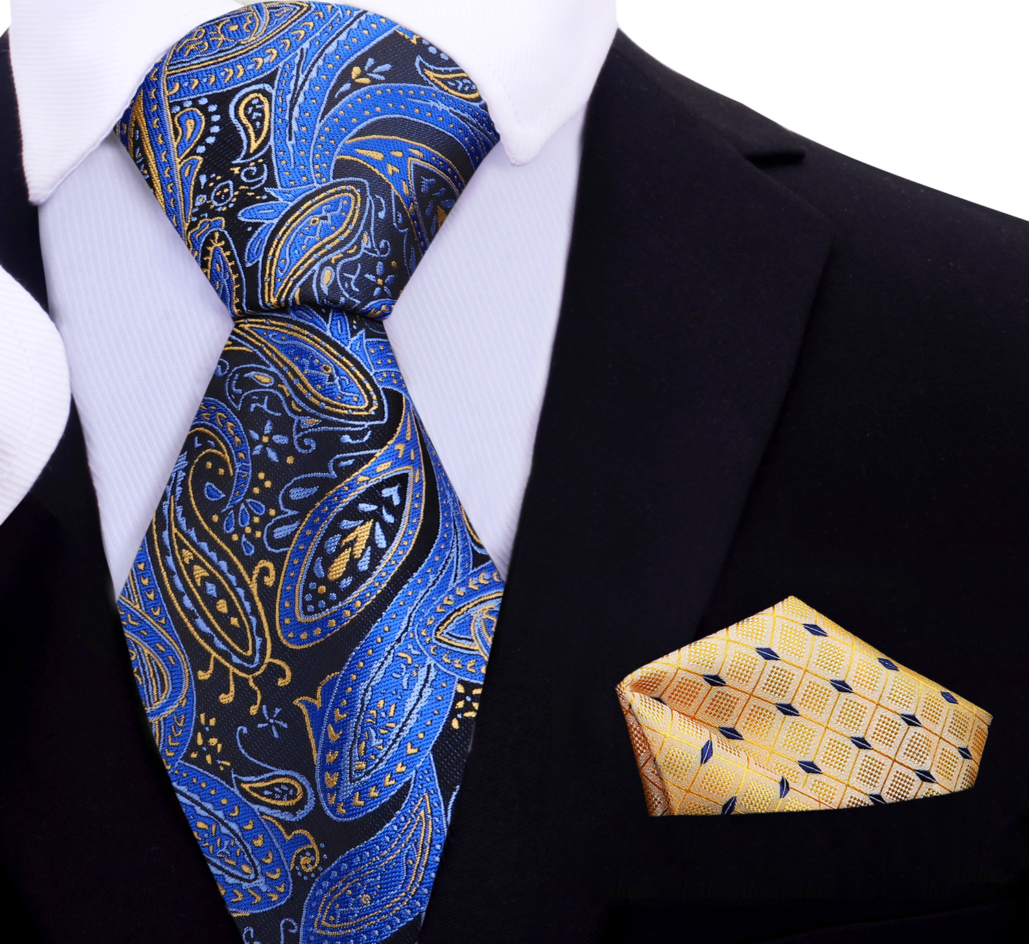 Black, Blue, Yellow Paisley Tie and Accenting Yellow Pocket Square