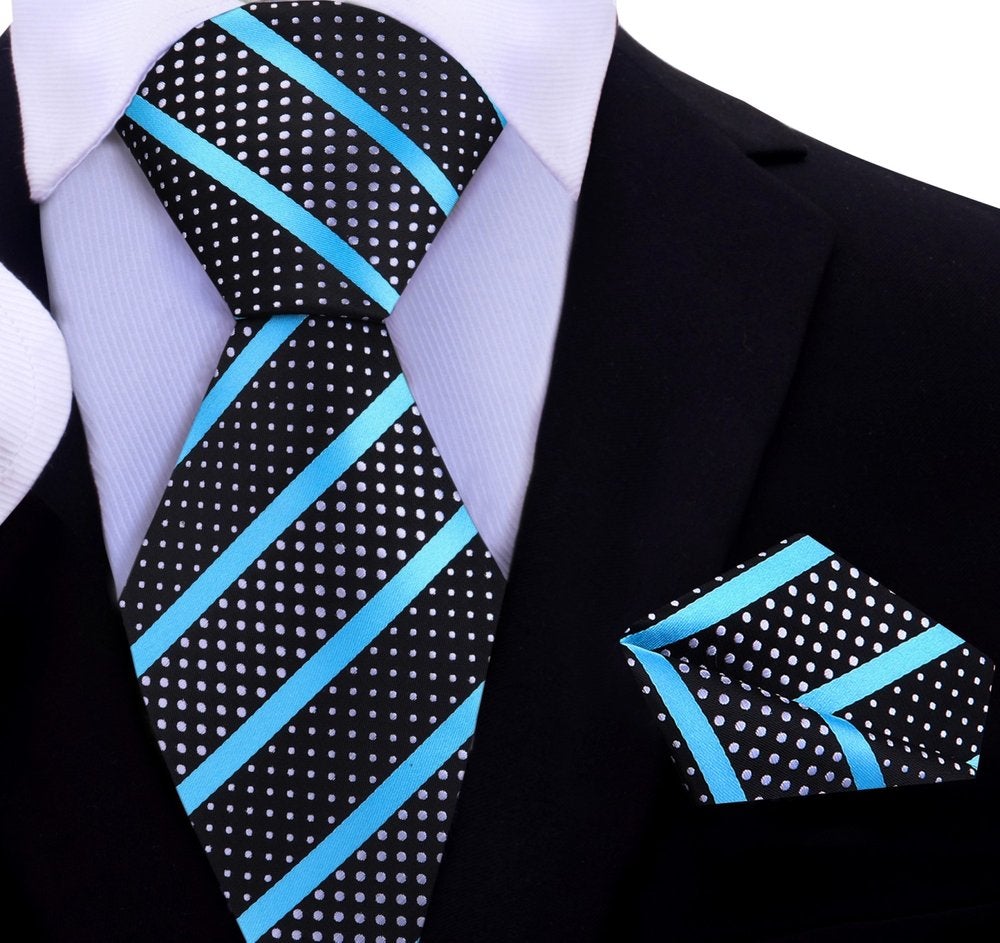A Black Silk Background With Light Blue Stripes And White Dots Necktie With Matching Pocket Square