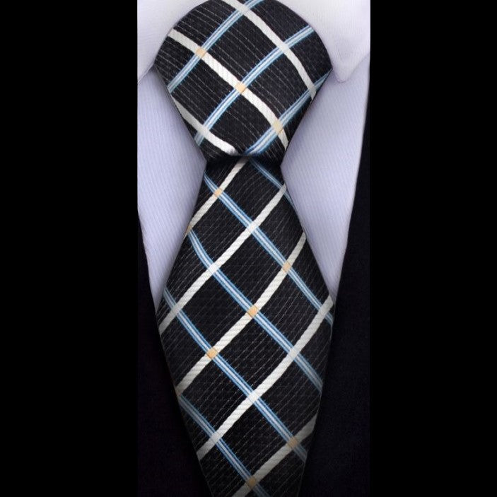 A Black, Cream And Blue With Geometric Diamond Pattern And Small Checks Pattern Silk Necktie