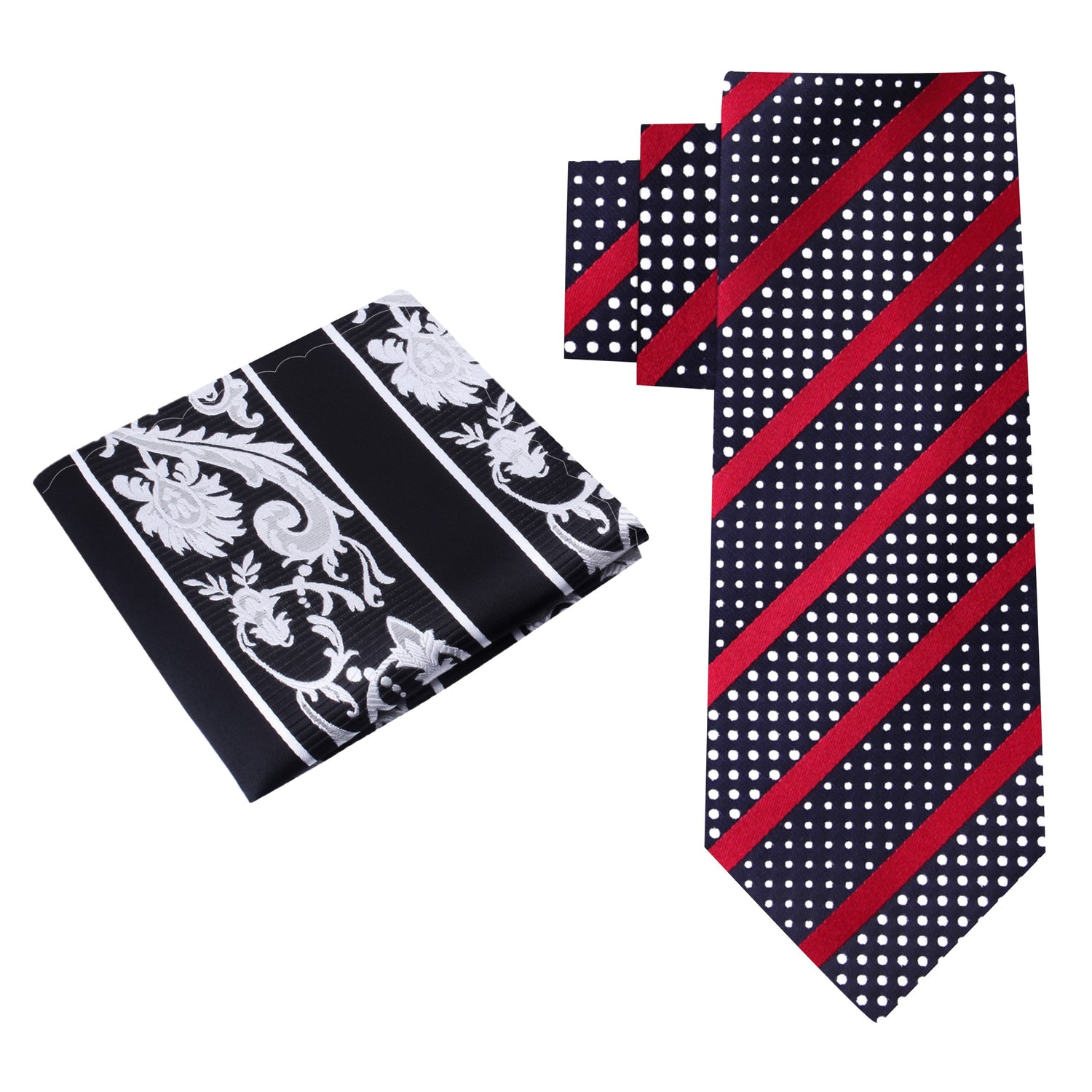 Alt view: Black, Red, White with Stripes and Dots Tie Tie with Accenting Black, Grey Paisley Square